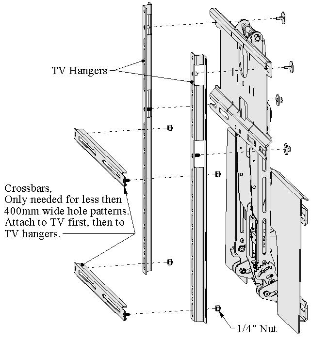 Attaching TV Hangers t Televisin The TV Hangers and crssbars cme attached t the munt s yu can see hw they attach t the Hk Plate.