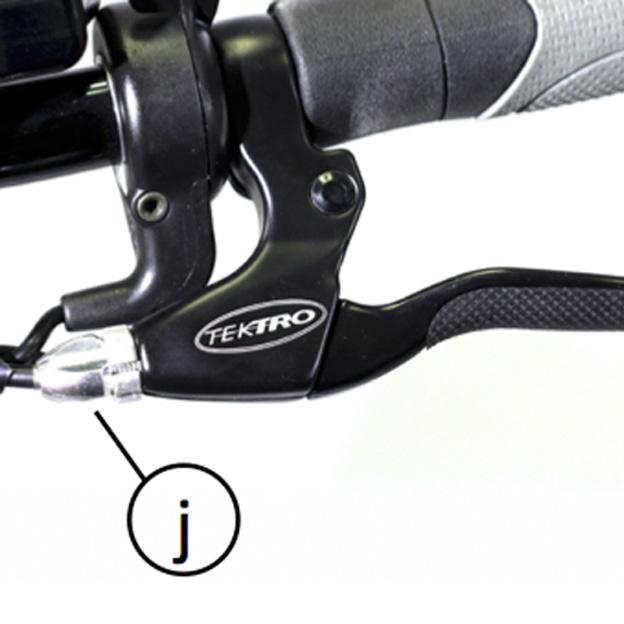 Quick adjustment of V-brake Adjustment screw (j) is located at the brake lever.