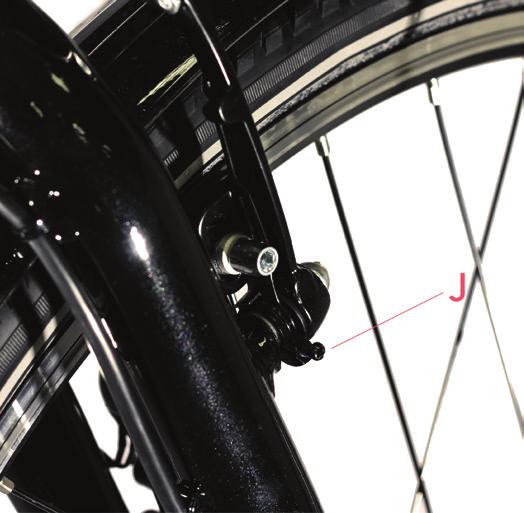 Check the brake pads Adjust the brake arm with adjustment screw (J).