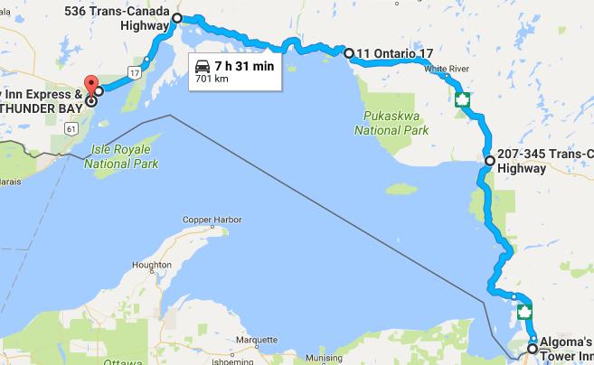 Sat 12 Aug Sault Ste Marie ON - Thunder Bay 701 km 0800 Depart Hotel Enroute Wawa 220 kms, 2+20 1020 Arrive Fuel, stretch, photo 1100 Depart Enroute Marathon 184 kms 2+00 1300 Arrive Fuel and lunch -