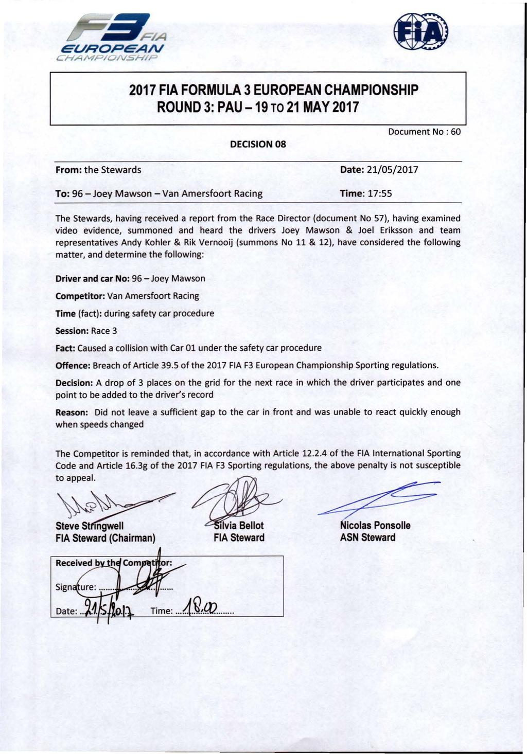 ~,,,.. EUROPEAN CHAM/-'/ON~H/µ 2017 FIA FORMULA 3 EUROPEAN CHAMPIONSHIP ROUND 3: PAU-19 TO 21MAY2017 DECISION 08 Document No : 60 From: the Stewards Date: 21/05/2017 To: 96 - Joey Mawson - Van