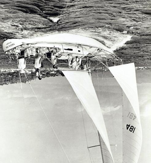 Red Jacket under sail, probably in the late 1960s. This was the first cored fiberglass boat ever and 50 years later, is still racing and winning.