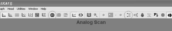 ) Click the GO button on the tool bar and an analog scan will start with the default scan range from 1 to 65 amu. The mass spectrum will show a rough background spectrum. Stop the scan.