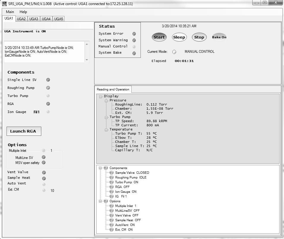 2 27 Guide to Operation Fig. 2-12. Screenshot of UGA control software for UGAPM after the proper TCP/IP Ethernet connection. On the title bar, the connection status is shown.