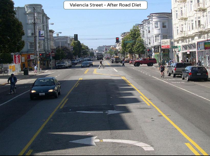 Depending on how the lane was repurposed, the road diet could provide a protected lane for bicyclists, improve transit performance, or enhance the pedestrian environment.