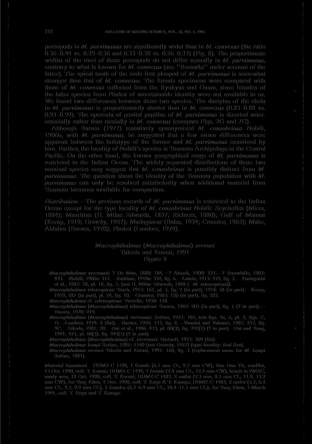 122 BULLETIN OF MARINE SCIENCE, VOL. 56, NO. 1, 1995 pereopods in M. parvimanus are significantly wider than in M. convexus (the ratio 0.36-0.44 vs. 0.29-0.36 and 0.33-0.38 vs. 0.26-0.33) (Fig. 8).
