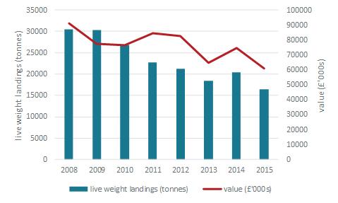 The pattern of fishing income in the nine years to 2016 follows the trend of nephrops landings into Scotland (see below).