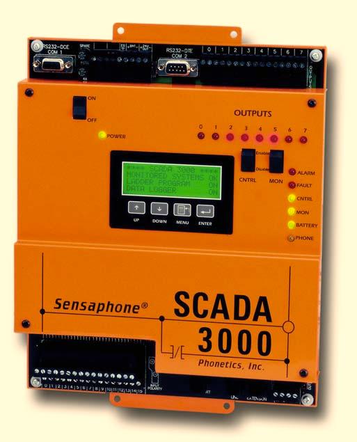 Sensaphone SCADA 3000 HARDWARE CONFIGURATION 16 Universal Inputs: Contact closures Thermistors 4-20mA Analog 0-5 Volt Analog Run time accumulation 8 Outputs: Latching 2 amp relays LED status