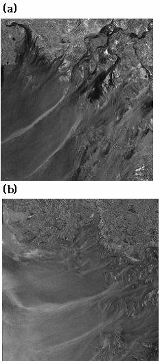 Fig. 5 ENVISAT ASAR image on (a) October 19, 2005 and (b) May 25, 2005 Fig. 6 RADARSAT SAR image on (a) July 5, 2002 and (b) May 28, 2002 Fig.