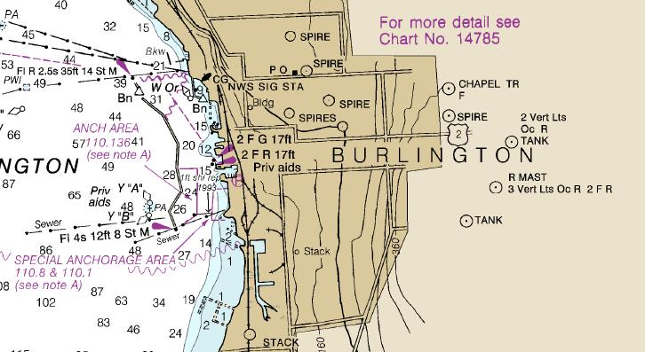 15 Figure 1.13. Landmarks in the city of Burlington (Chart 14782). The chart also shows a tank and radio mast to the east of downtown (on the top of the hill).