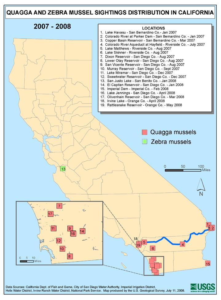 The California Department of Fish and Game coordinates with the U.S. Geological Survey to generate a map of known locations of Quagga/Zebra mussels in the state.