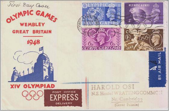 271-274 on a cover cancelled on the First Day of issue of the stamps and the Opening Day of the 1948 Olympic Games. With the 1948 Games, we conclude our review of the Modern Olympic Games.
