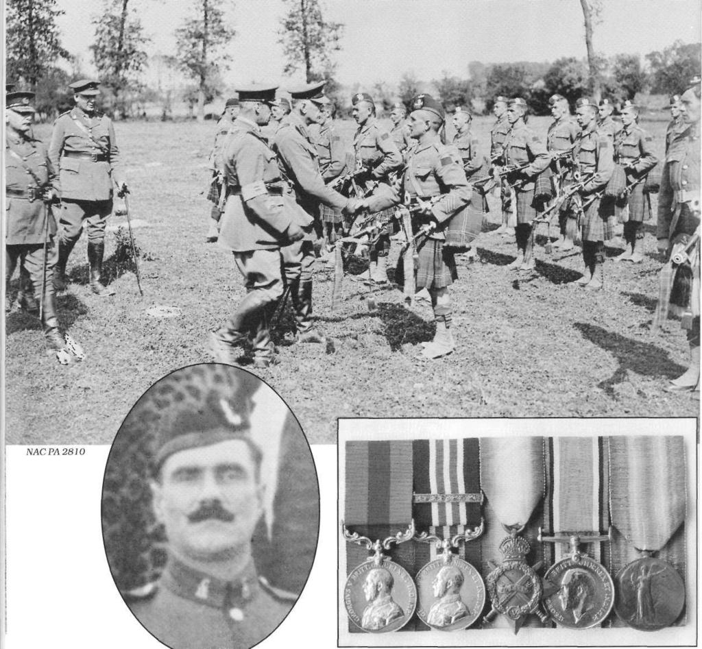 Top: Pipe Major Groat meets the General Staff, France, 1918. Above: Pipe Major James Groat, DCM, MM. Above right: Medals of Pipe Major Groat, (I. to r.