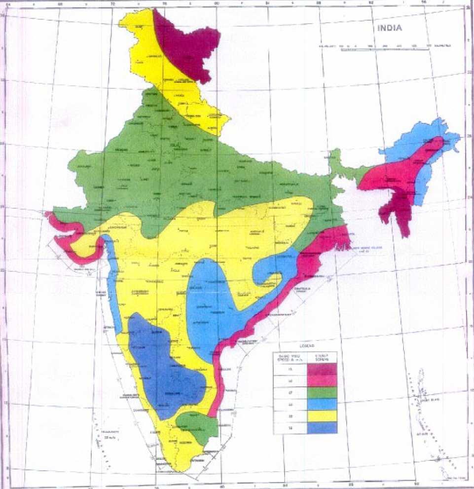 the wind zone map of India 2 shown in Figure 1 it is observed that based on basic wind speed, India is divided into six wind zones i.e. Zone I to zone VI.