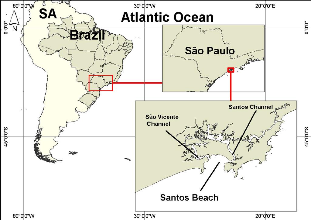 Figure 1 Study area: SA, South America, Brazil, São Paulo state and Santos beach.