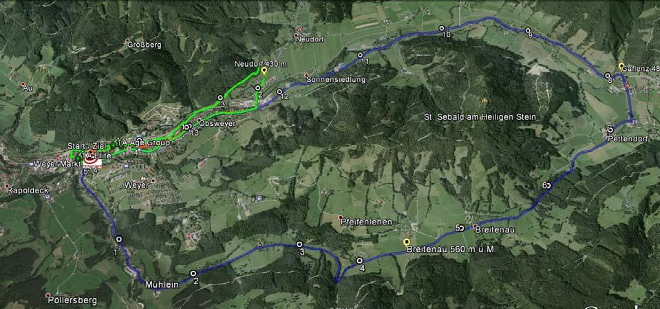 14 7.3 CYCLING COURSE (BLUE LINE) The bike course takes the athletes from Weyer to Mühlein and Breitenau, to the village of Gaflenz and back to the center of Weyer.