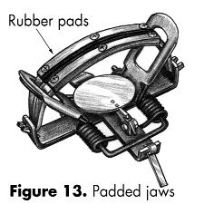 Padded Jaws (Figure OP4, OP5a and OP5b) Inside jaw spread (at dog): 3 5 / 16 inches Inner width: 3 3 / 16 inches Inside width at jaw hinge posts: 3 7 / 16 inches Jaw width: 9 / 16 inch padded jaw Jaw