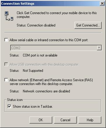 After right mouse click on ActiveSync symbol in task bar, choose Connection settings... and disable it. (PC's with only one comm. port). Problems caused by USB to 232 adapters.