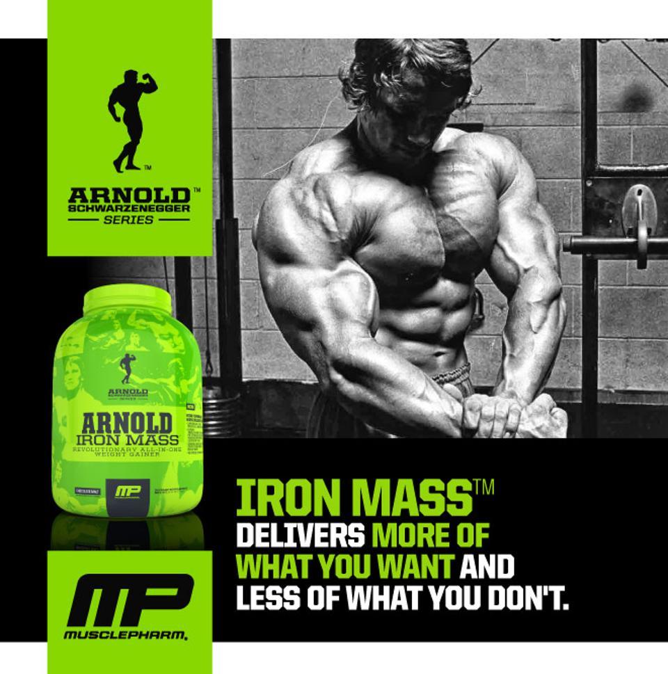 Advertisement for MusclePharm's Arnold Schwarzenegger Series Iron Mass.