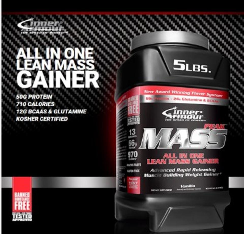Advertisement for Inner Armour's Mass Peak product, which lawsuits allege contains only 19 of [+] "These products and their labels do not claim to be 100% Whey Protein products.
