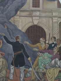 Mr. Savage chose to depict the dramatic story that occurred toward evening on March 3, 1836 in the following way: Travis mustered his men in the mission s courtyard to tell them the news that he had