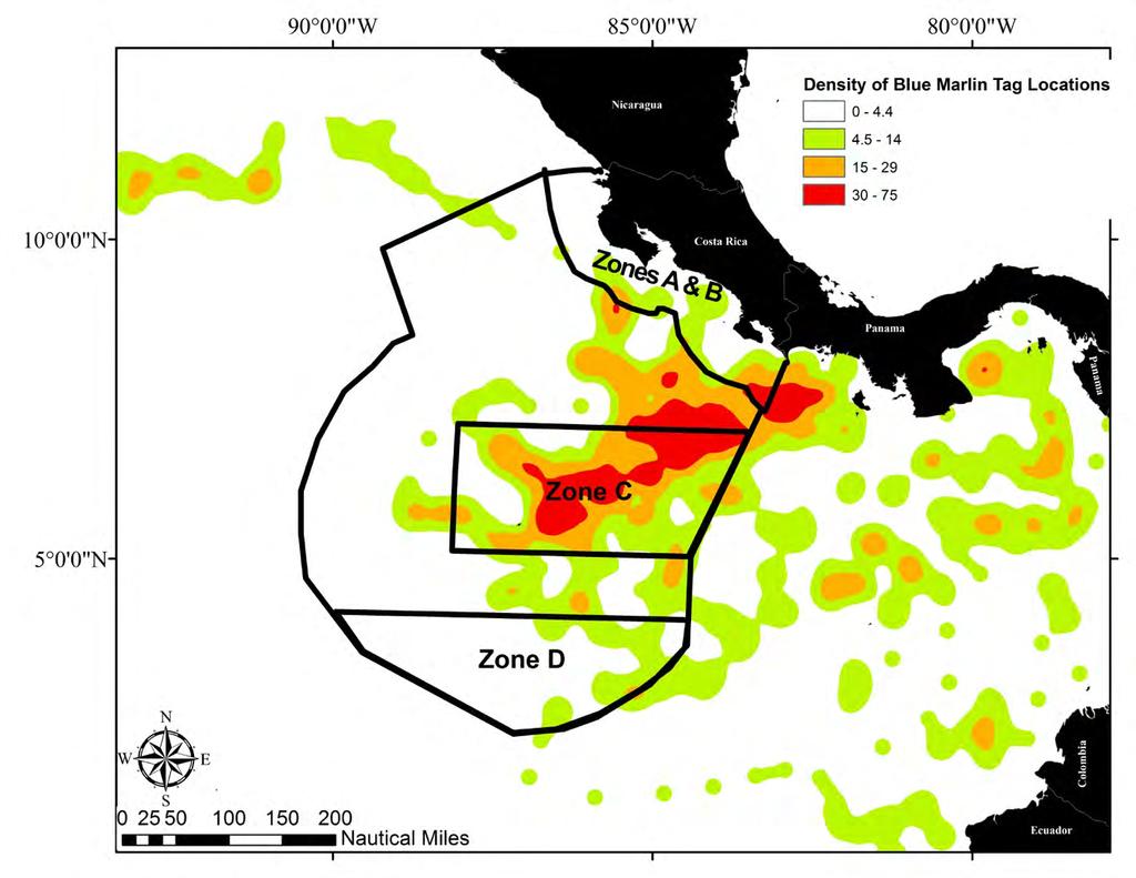 Figure6. Data from satellite tagged bluemarlin indicate that the species mostly frequented areas off Nicaragua, Costa Rica and Panama.