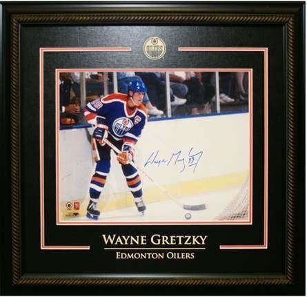 WAYNE GRETZKY SIGNED 11x14 ETCHED MAT OILERS BLUE- Wayne Gretzky would often set up his plays from behind the net, which would eventually come to be known as his "office".
