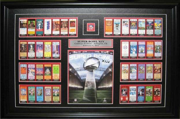 99 (FF) (11485) (#780) SUPERBOWL XLV DELUXE FRAMED TICKET SET COWBOYS STADIUM ARLINGTON, TEXAS FEBRUARY 6 TH, 2011 This deluxe framed piece features a creative design which includes a ticket stub