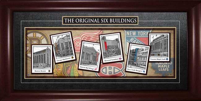 ORIGINAL SIX BUILDINGS PANORAMA 11x34 WITH DELUXE FRAME- This amazing frame features the Original Six stadiums in a