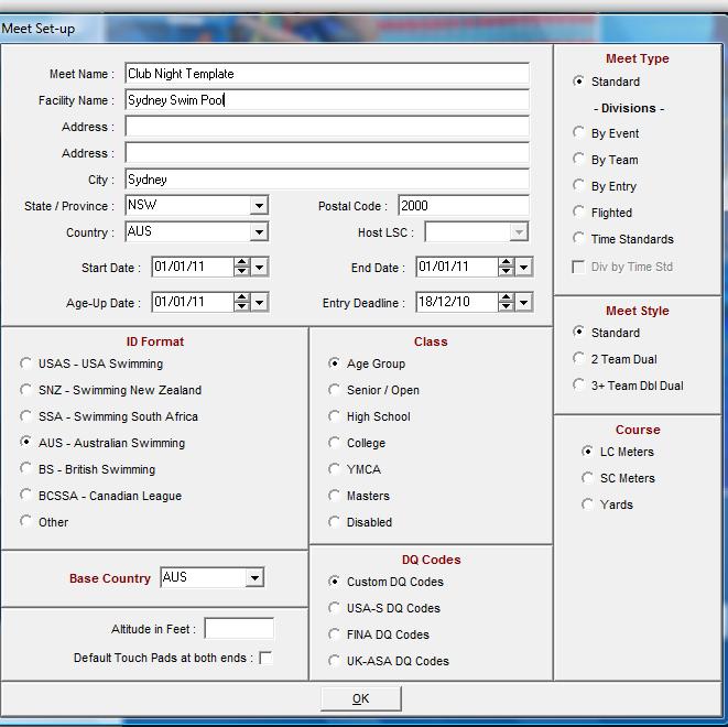 On the Meet Set-up maintenance screen enter the details as relevant for the club As this is just a template the Start &