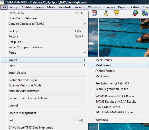 Import Events into TM Import the events into TM, so you can enter swimmers into the events being run that club night.
