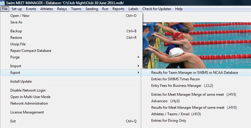Exporting Results to TM Now that the Club Night has been run, events scored and results report produced the next step is the export the results from the meet into TM so the times will be