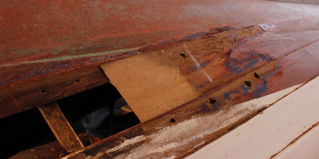 Once shored up for repair and the bad sections of planking removed, it was discovered that her stern post had also broken at a point just below the transom.