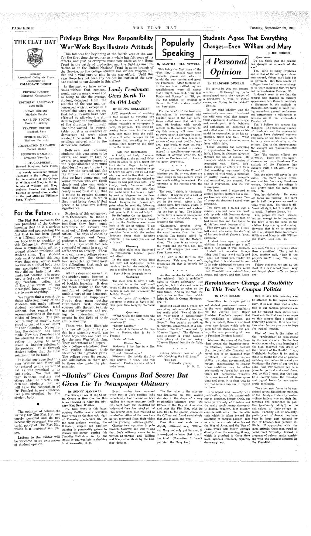 PAGE EIGHT THE FLAT HAT Tuesday, Sepember 29, 192' THE FLAT HAT Member Assocaed Collegae Press Dsrbuor of COLLEGIATE DIGEST EDITOR-IN-CHIEF Elzabeh Cosenbader EDITORIAL ASSISTANT John Bells NEWS