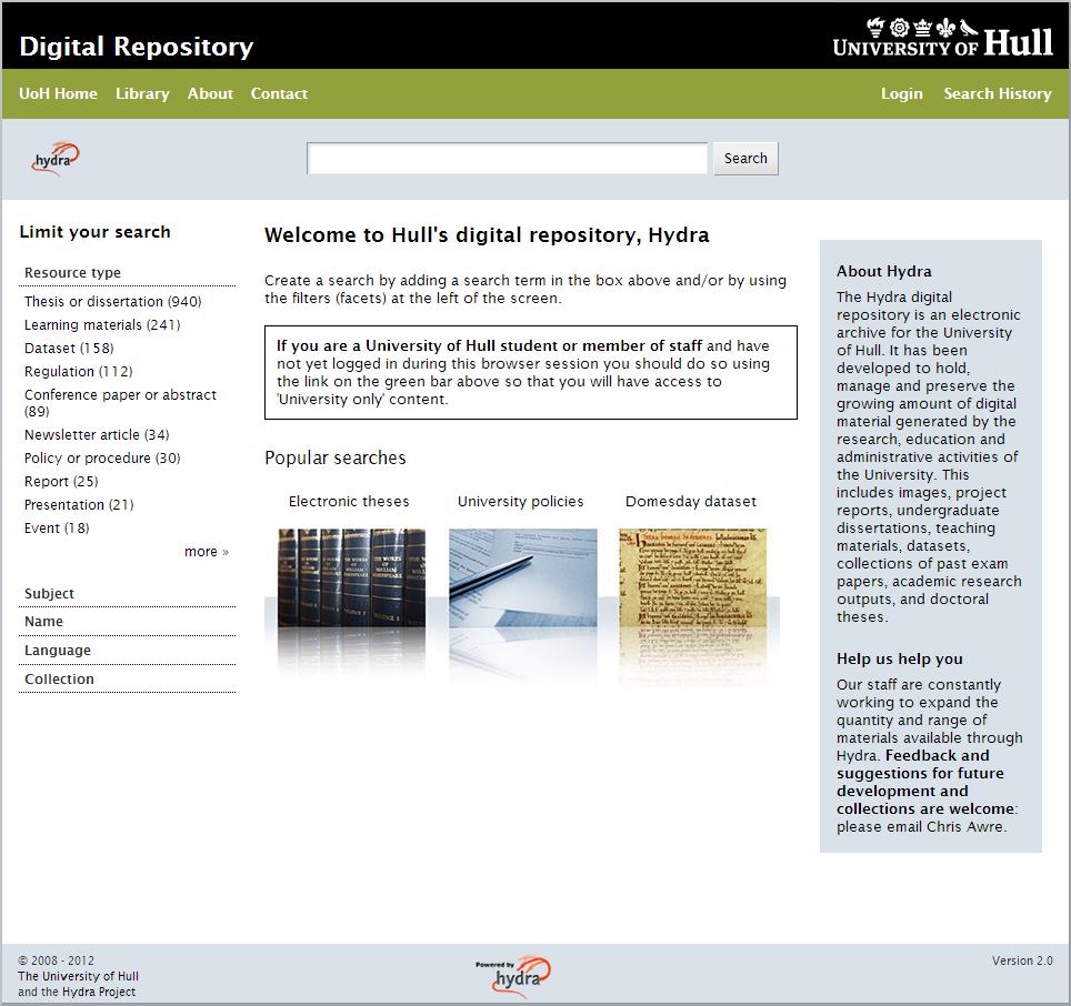 Hydra in Hull home page Look again at the resource type facet as seen by a member of the public.