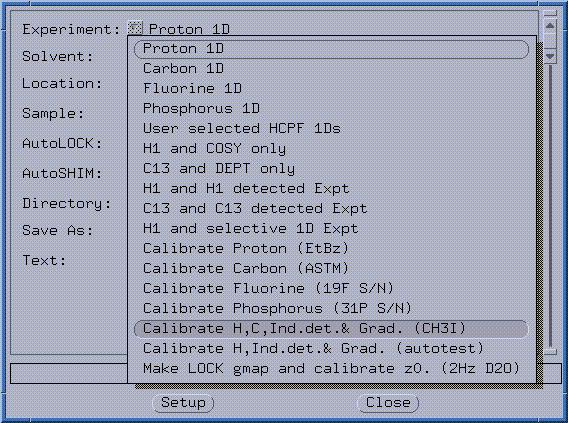 (CH3I) in the drop down experiment menu, (see Figure 5) (place the mouse pointer on the experiment selection Calibrate H,C,Ind.Det.&Grad. (CH3I) and click with the left mouse button).