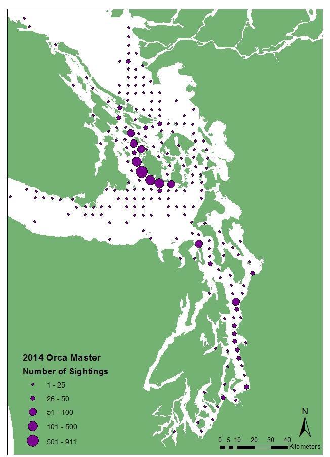 Map 4. SRKW plotted sightings, 2014. 31 The requested rulemaking should include a detailed analysis of the geographic boundaries of a protected area that would be the most beneficial for the SRKWs.