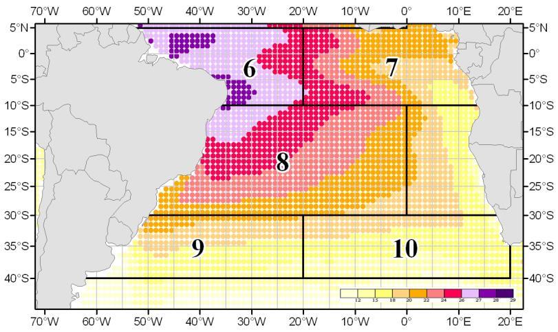 Figure 1. Geographical area stratification used for the GLM run of blue shark. The areas were kept as in previous GLM analyses. Areas are superimposed on average sea temperature (ºC) at 50m depth.