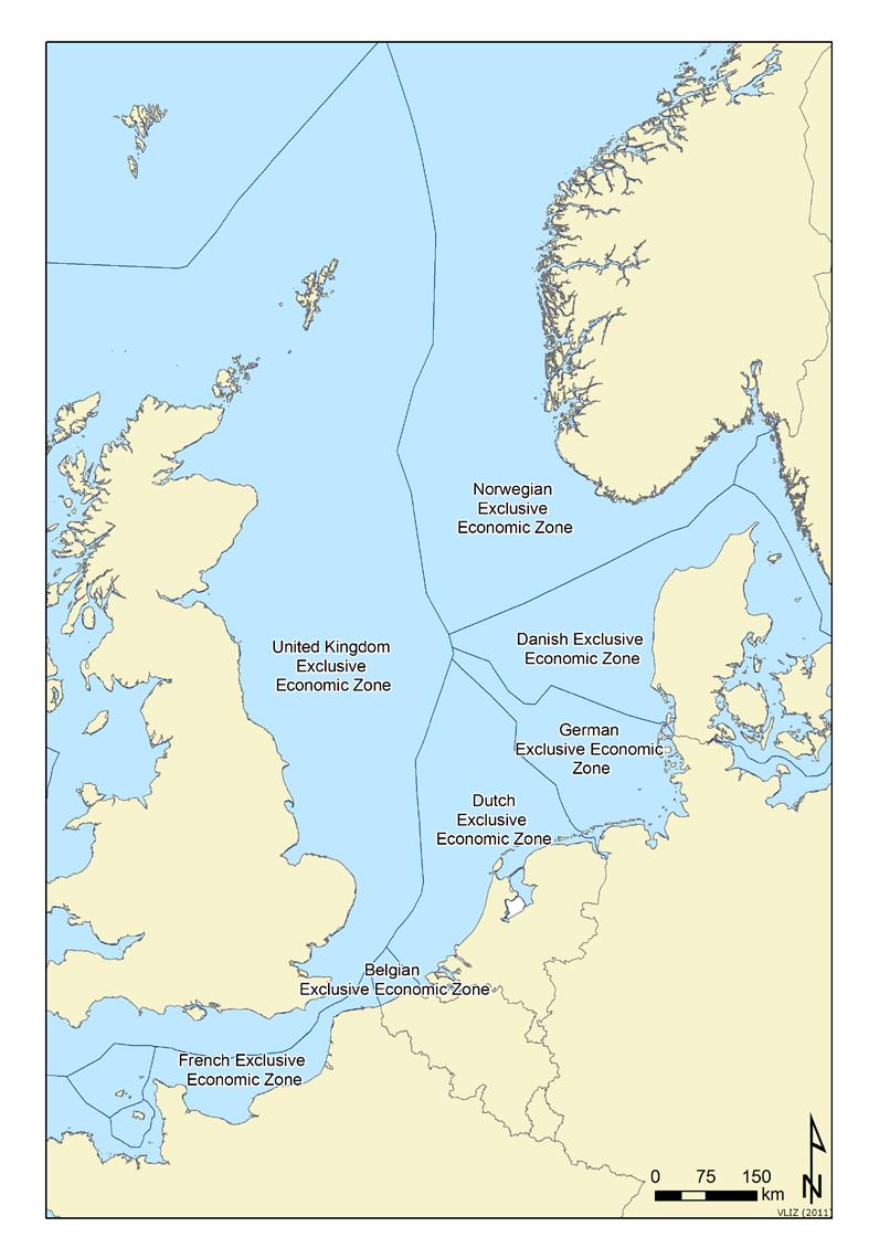 Fig 1: Map of the North Sea showing the different economic exclusive zones,