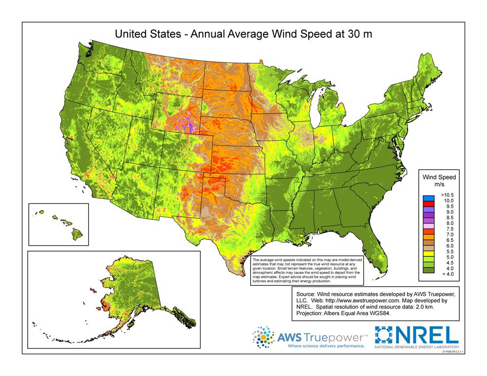 Figure 13 Example of Wind Maps available via http://www.nrel.gov/. (Note 30 m 98 feet) Resource Assessment (or how much does the wind blow?