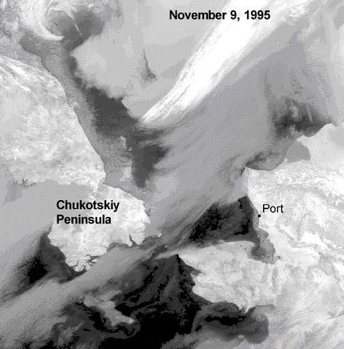 The following satellite image illustrates the beginning of freeze-up in the access channels to the Red Dog port.
