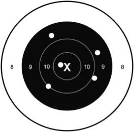 An example of archery scoring is shown below: Hits: One in X, two in or touching the 10 ring, and two