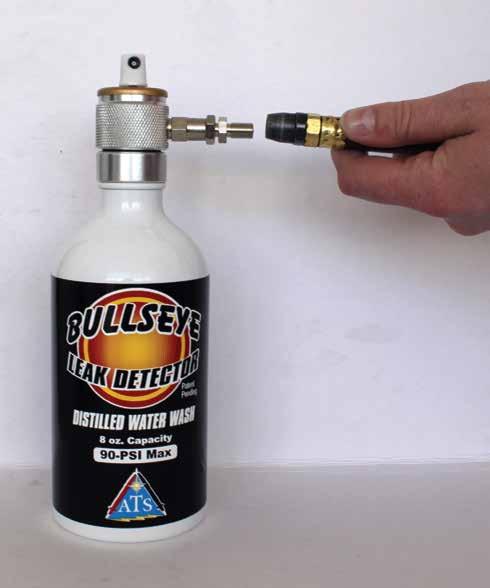 Re-Filling The BULLSEYE Distilled Water Wash Aerosol Bottle 1. Depress Schrader valve and release any air pressure remaining in bottle. 2. Unscrew top counter clockwise from bottle. 3.