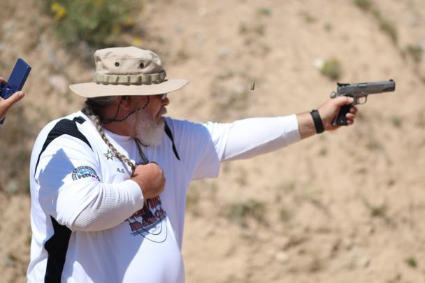 Weak Hand Shooting: AG Gant from Columbia, MO engages multiple targets with weak hand only during the Practical Event A major highlight of the Saturday Regional match was a visit by Wyoming Governor