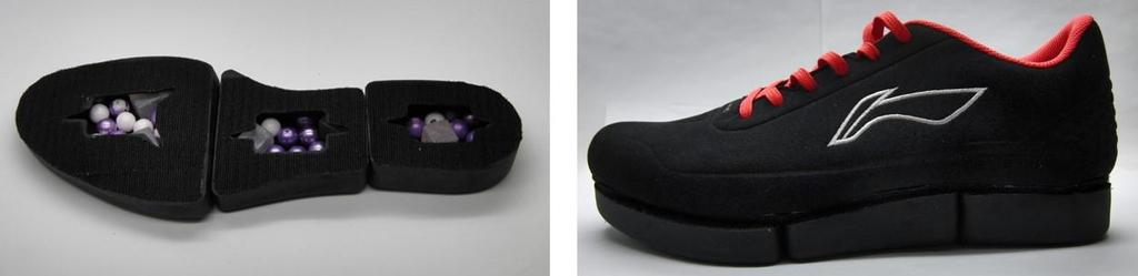 Figure 3.5. The midsole bags with cubes and ball bearing placed inside (left) and attached to the shoe upper (right). Additionally, the moulds for certain shapes of specific sizes were opened.