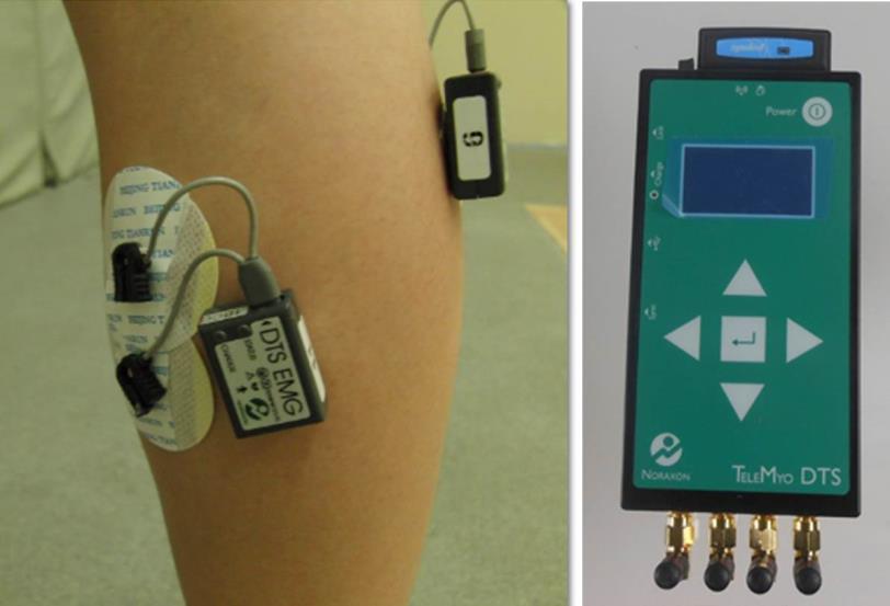 Figure 4.6. A sensor electrodes attached to the gastrocnemius medialis (left) and the DTS belt receiver (right). 4.4. Electromyography data processing The EMG data were processed in Visual 3D software.