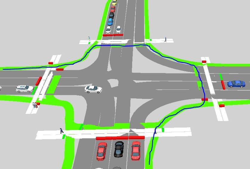 using the pedestrian phase. The following picture Figure-R14 illustrates how bicyclists make a left turn on the protected intersection approach.