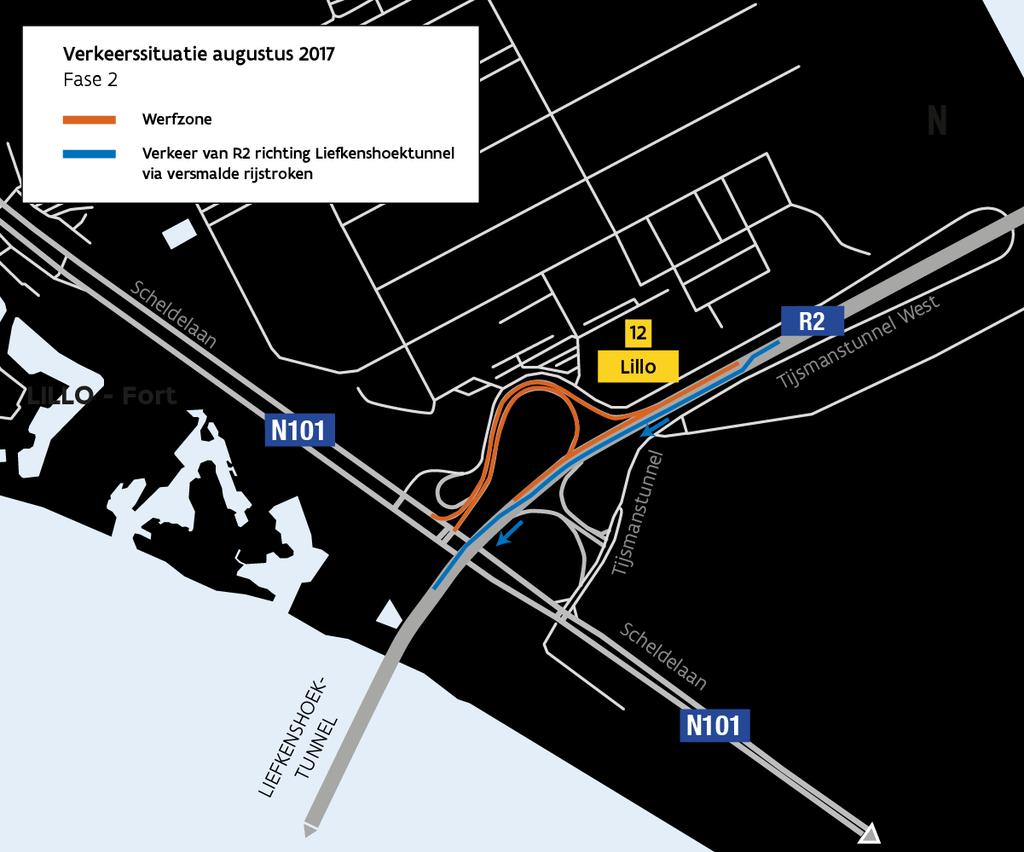 Phase 2 (early-late August 2017): northern slip roads closed In August (phase 2), AWV will replace the pavement of the R2 in the direction of the Liefkenshoektunnel.
