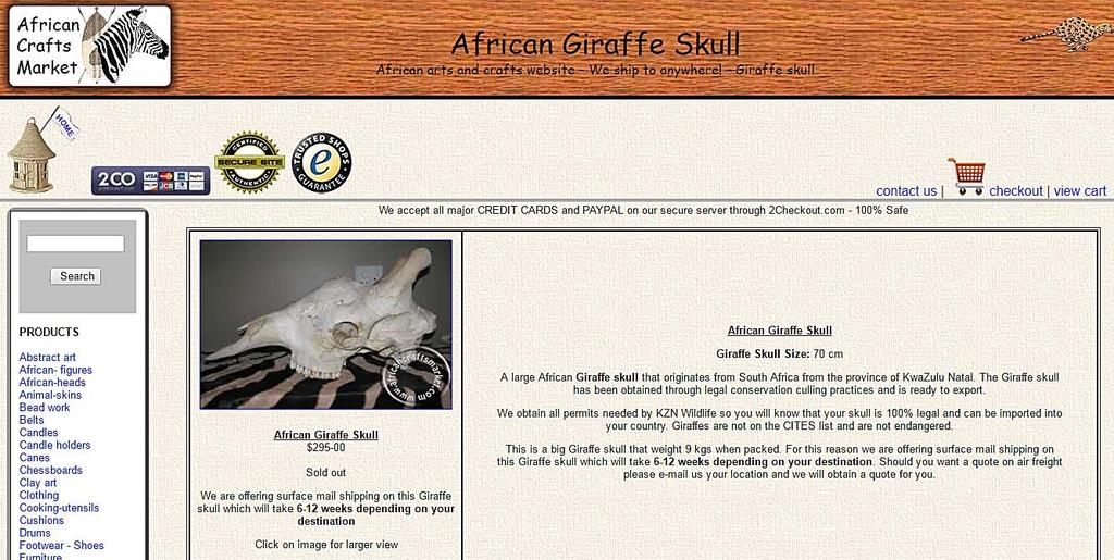 Source: African Crafts Market, African Giraffe Skull.