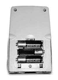 The rear view shows the Battery Cover that is easily removed to access the compartment for the three AA size batteries, also shown.